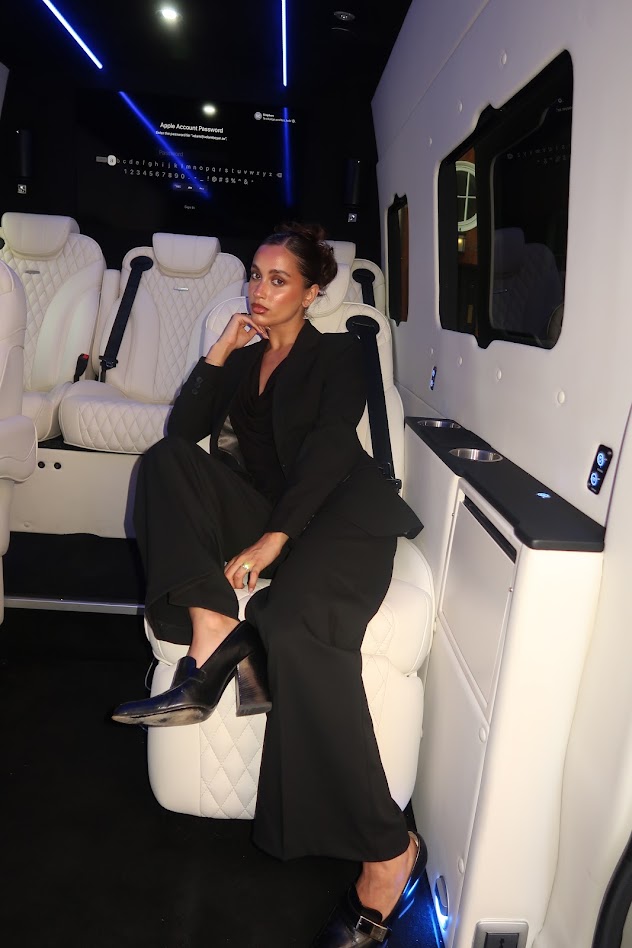 Elegant evening portrait inside a luxury vehicle